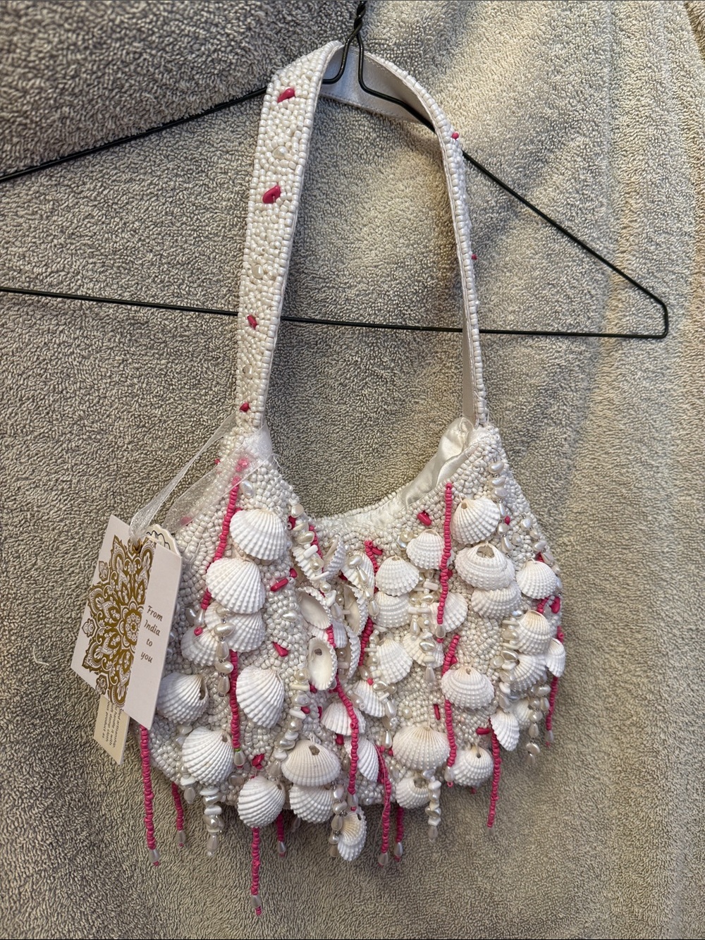 Handmade White Shell-Beaded Shoulder Bag with Pink Accents